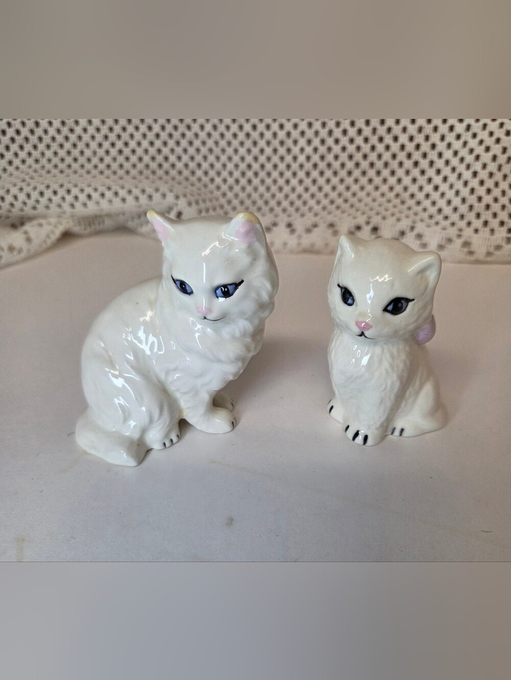 Vintage White Ceramic Cat Figurine Pair with Hand-Painted Accents
